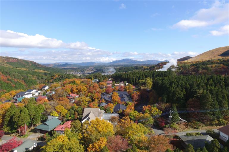 中心の黒い屋根の連なる建物が喜安屋。新緑の6月（左）と紅葉の11月（右）